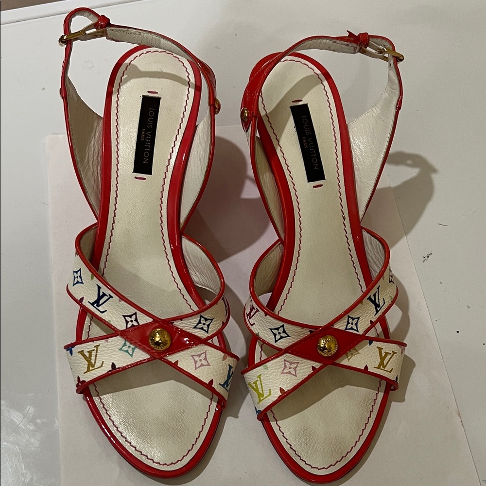 Louis Vuitton Red and White Strappy Sandals with Monogram Detail size 37 1/2